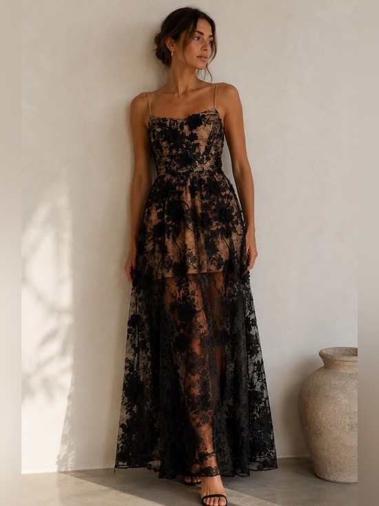 Dress the Population Dresses & Skirts - Dress The Population Black Nude 3D Floral Lace Maxi Dress Size L NWT